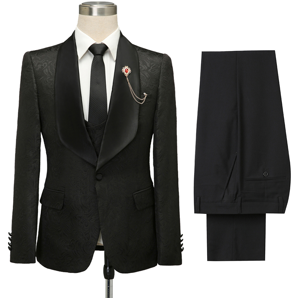 Classic Black Shawl Lapel Jacquard Wedding Suit for Men