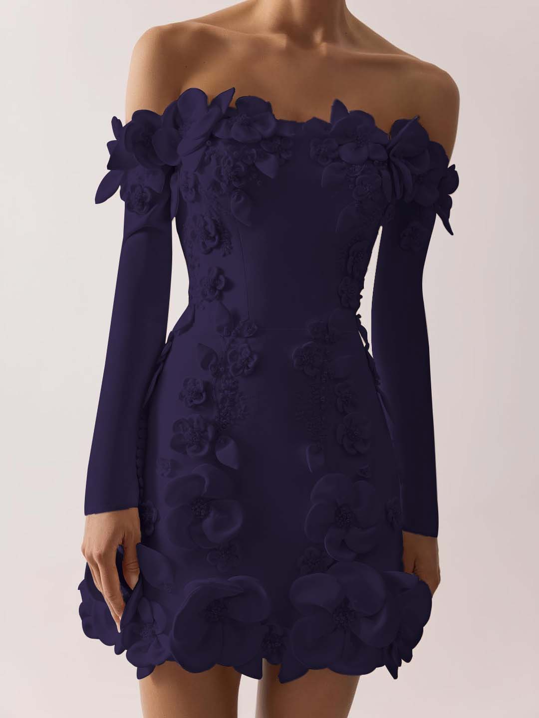 Off the Shoulder Long Sleeves Short Formal Dress With Appliques