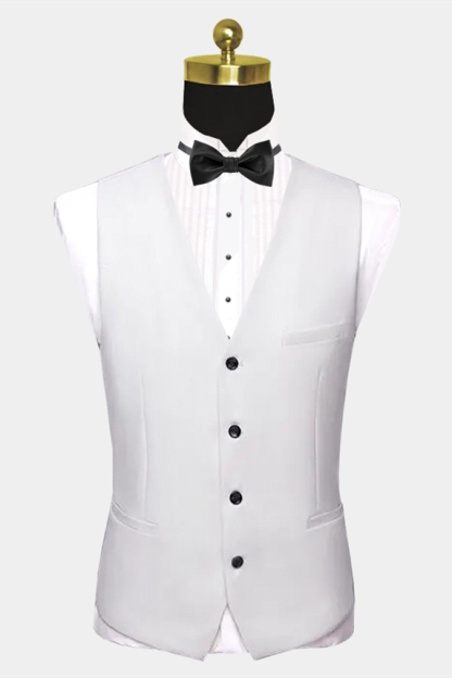 Classic White Shawl Lapel and Pocket Edge Wedding Tuxedos with Black Satin