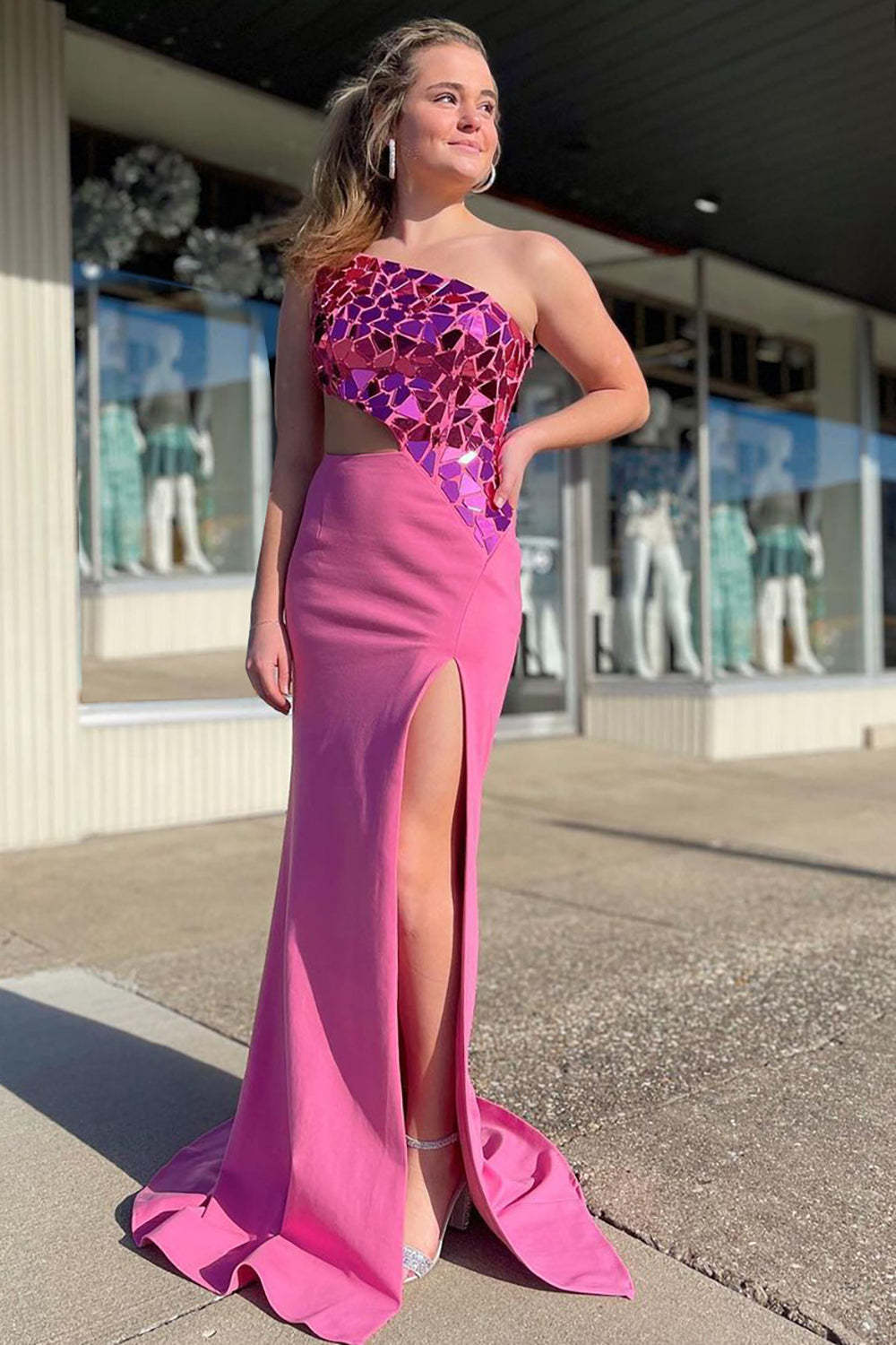 Pink One-Shoulder Prom Dress with Mermaid Cut and Front Split