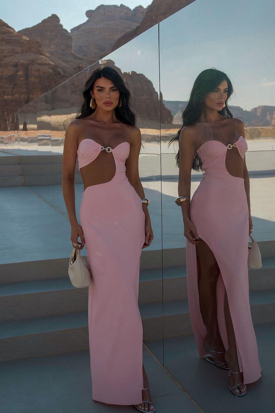 Pink Strapless Sleeveless Mermaid Split Long Formal Dress With Pleated