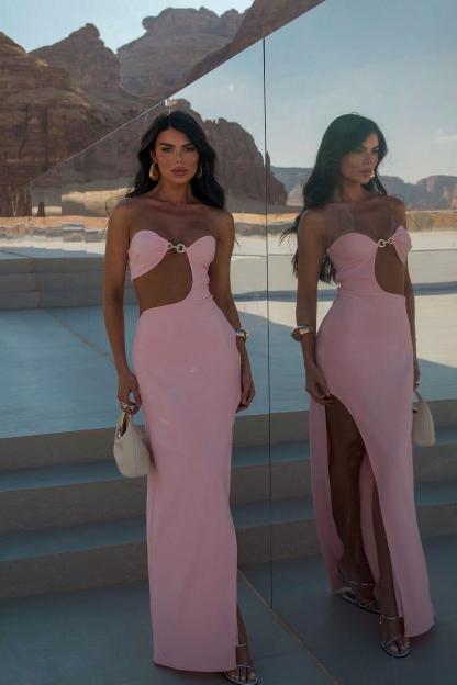 Pink Strapless Sleeveless Mermaid Split Long Formal Dress With Pleated