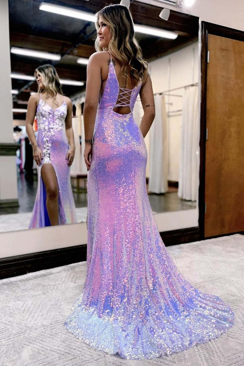 Long Purple Sequined Prom Dress with Mermaid Spaghetti Straps and Front Split