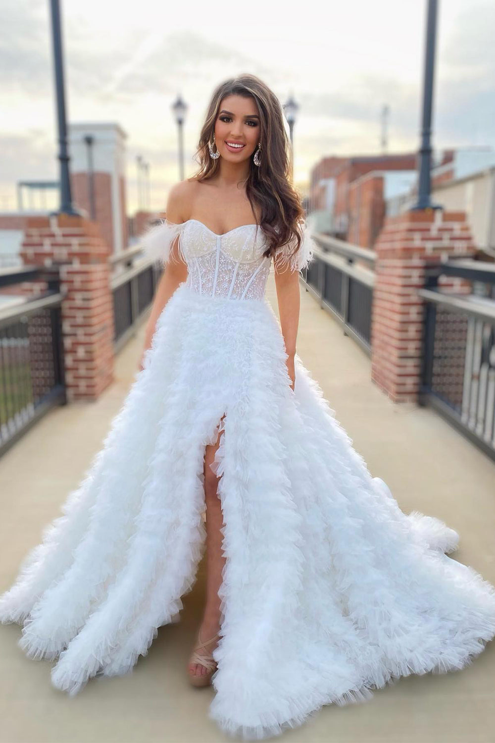 Purple Long Prom Dress with Feathers �?Off-the-Shoulder A-Line Princess Style