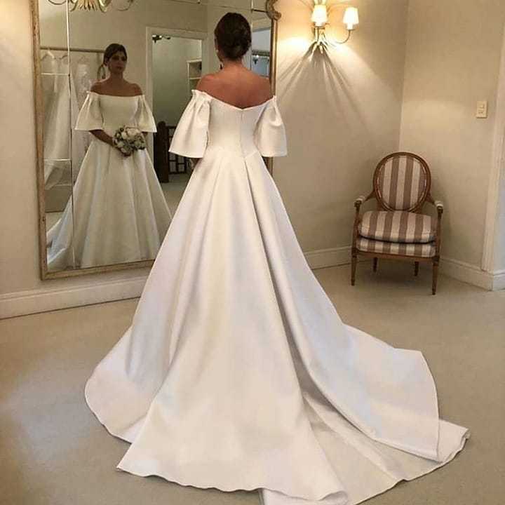 Classic Off-the-Shoulder A-Line Short Sleeves Wedding Dress with Satin Ruffles Train