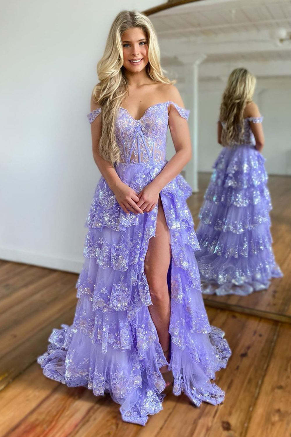 Purple Off-the-Shoulder Princess A-Line Corset Prom Dress Featuring Lace Ruffles