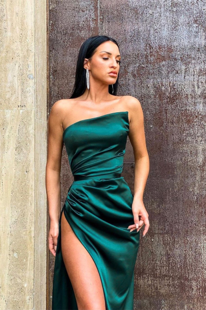 Split Long Dark Green Evening Dress With Split