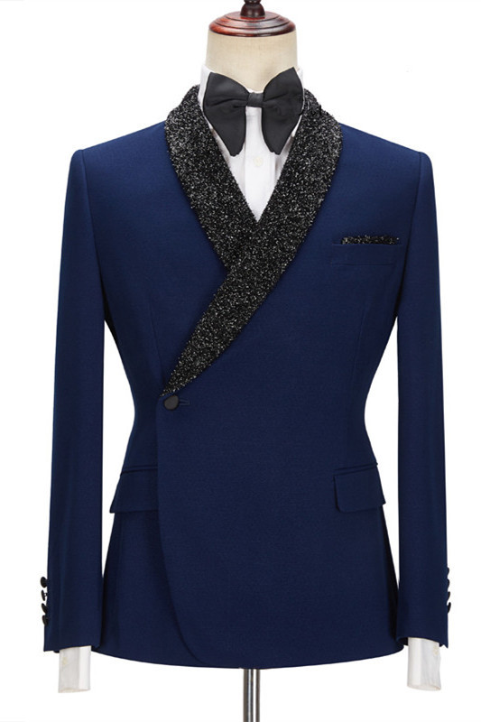 Shining Dark Navy Black Lapel Business Formal Suit for Prom
