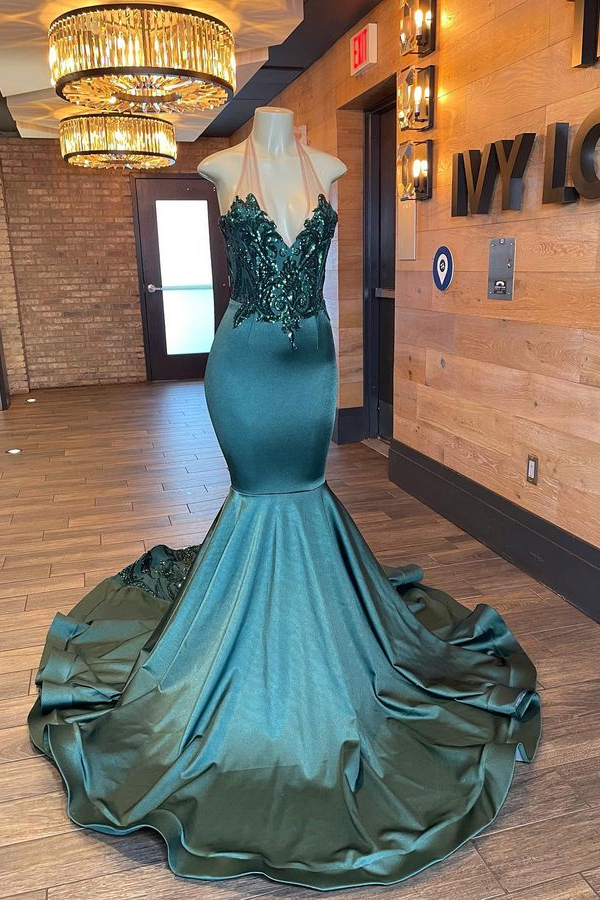 Dark Green Sleeveless Halter Mermaid Evening Dress