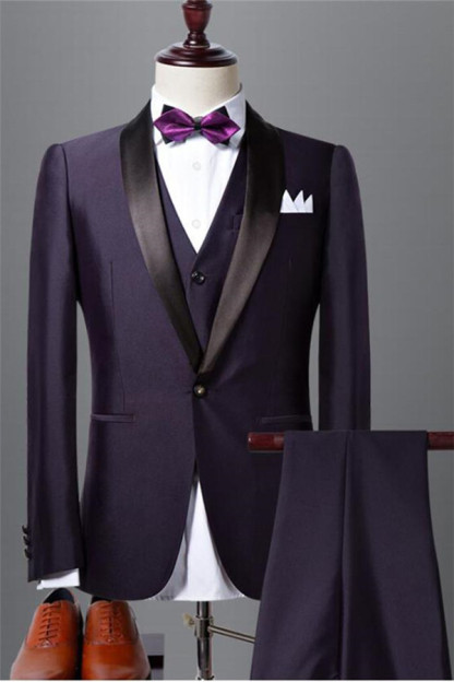 Classic Three-Piece Dark Purple Shawl Lapel Black Wedding Tuxedo