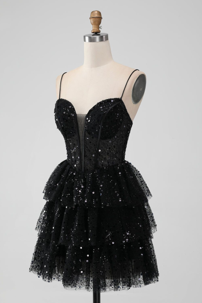 Charming Black Sequins Cupcake Short Mini cocktail Dress