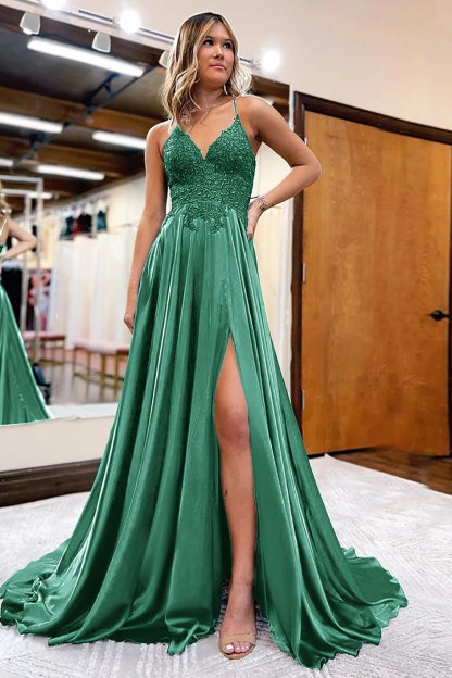 Prom Dress in Dark Green Satin with A-Line Silhouette and Appliques Featuring a Slit