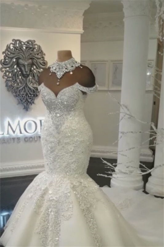 High Collar Off-the-Shoulder Beads Mermaid Wedding Dress with Lace Appliques