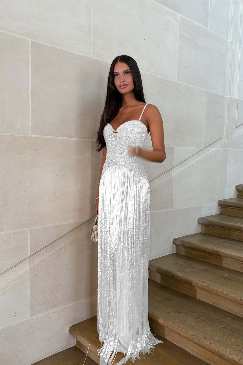 Spaghetti straps Sleeveless Long Formal Dress With Beading Tassel