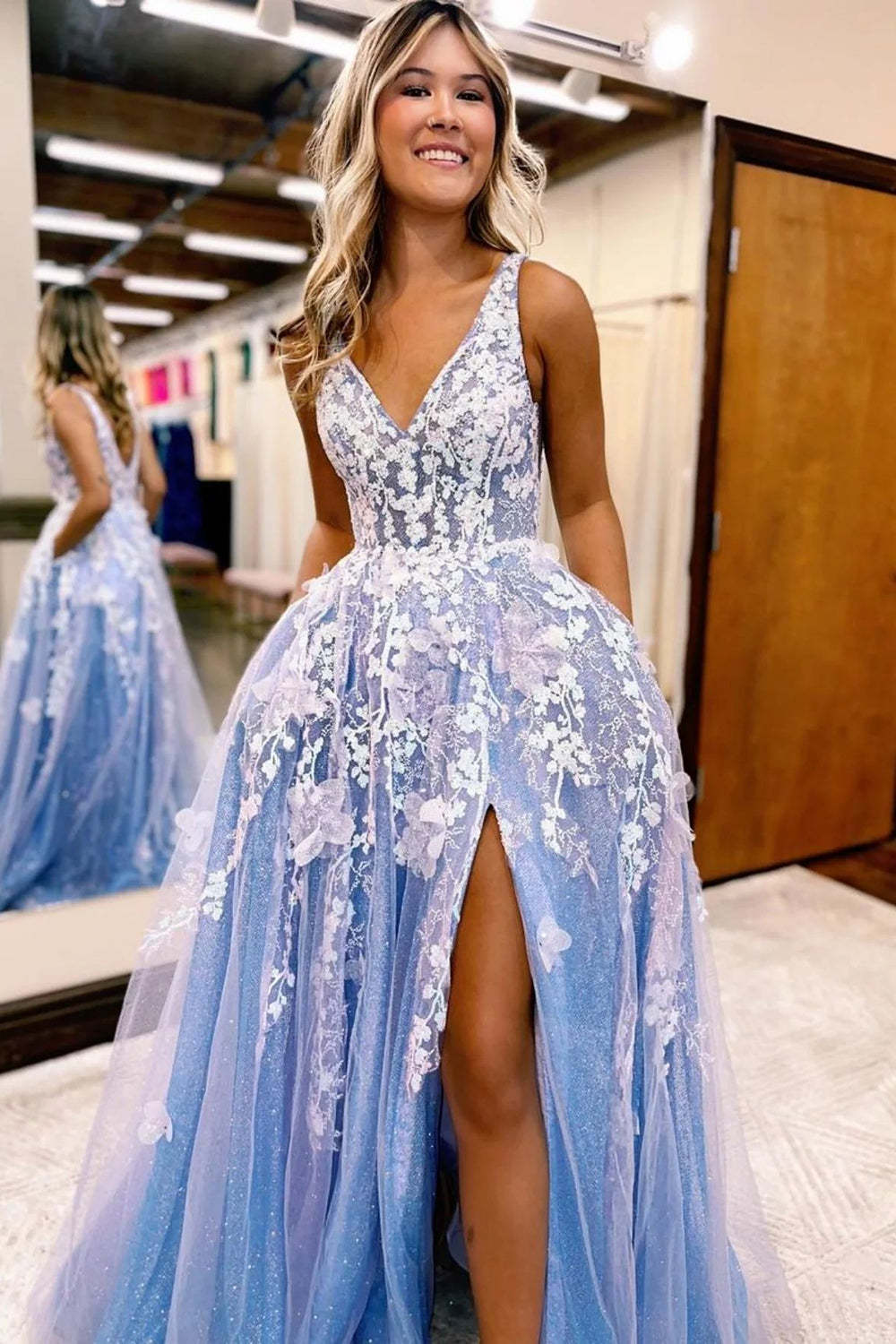 Blue Long Prom Dress with Appliques in a Deep V Neck A-Line Style