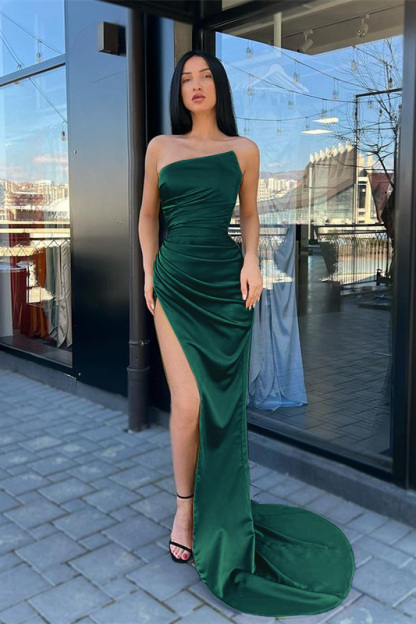 Strapless Charmeuse Mermaid Long Evening Dress With Split