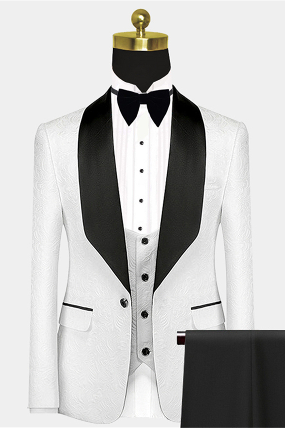 Popular Black Satin Lapel White Jacquard Wedding Suit Tuxedos