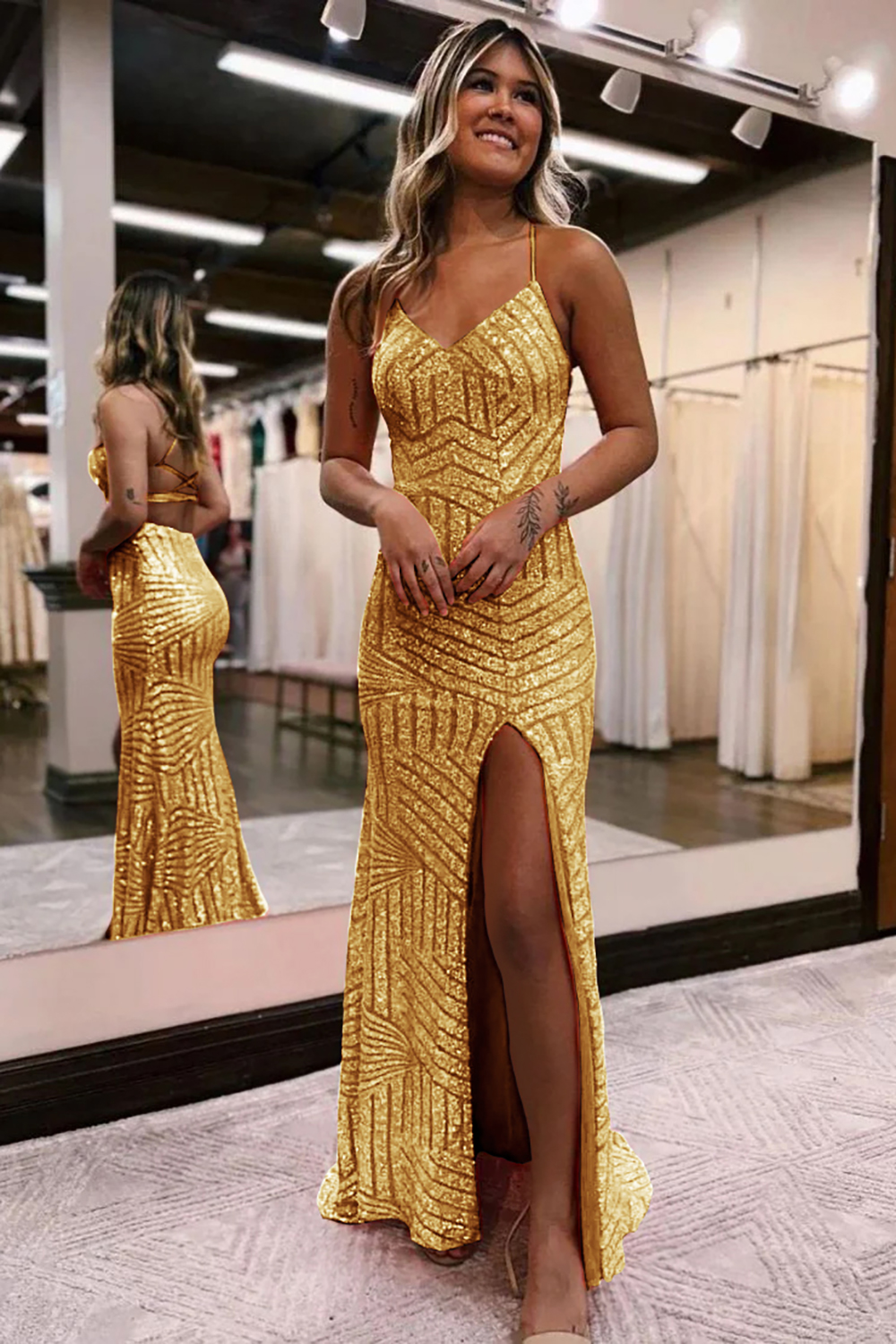 Long Orange Sequined Prom Dress with Criss Cross Back and Sheath Spaghetti Straps