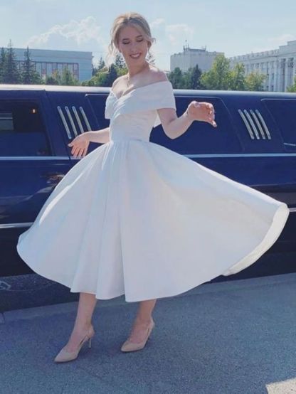 Modest Off-the-Shoulder Short A-Line Satin Wedding Dress with Strapless