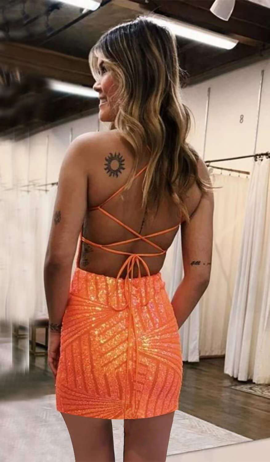 Orange Spaghetti-Straps Short Mini cocktail Dress