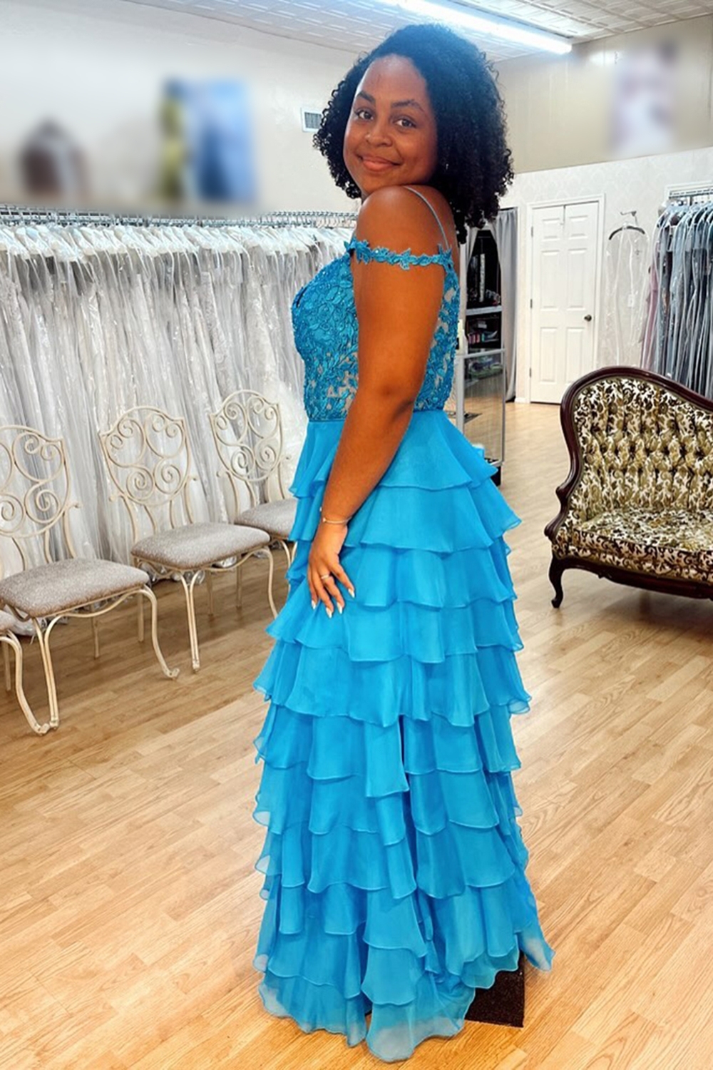 Long Peacock A-Line Prom Dress Featuring Tiered Layers and Lace Appliques