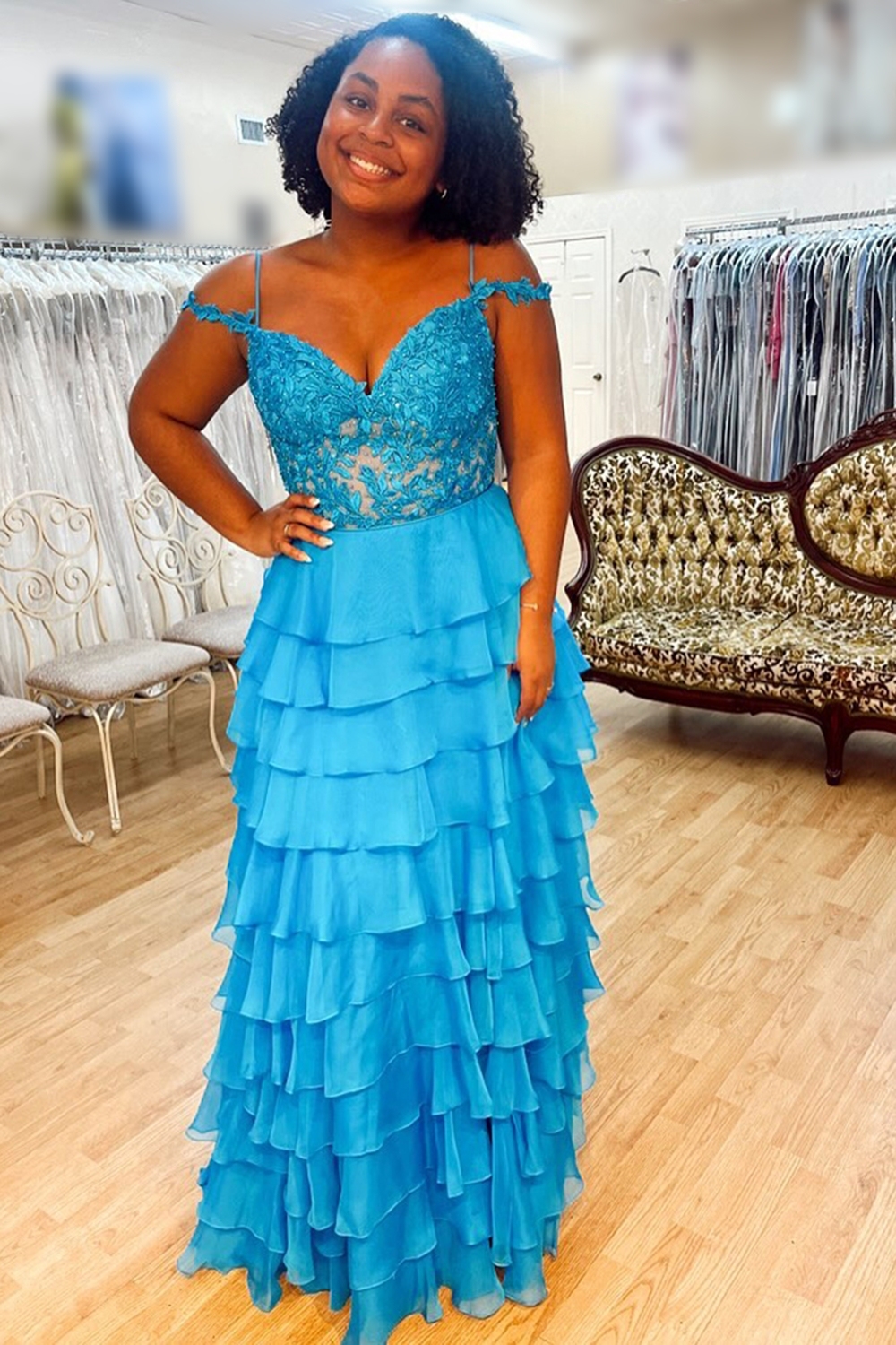 Long Peacock A-Line Prom Dress Featuring Tiered Layers and Lace Appliques