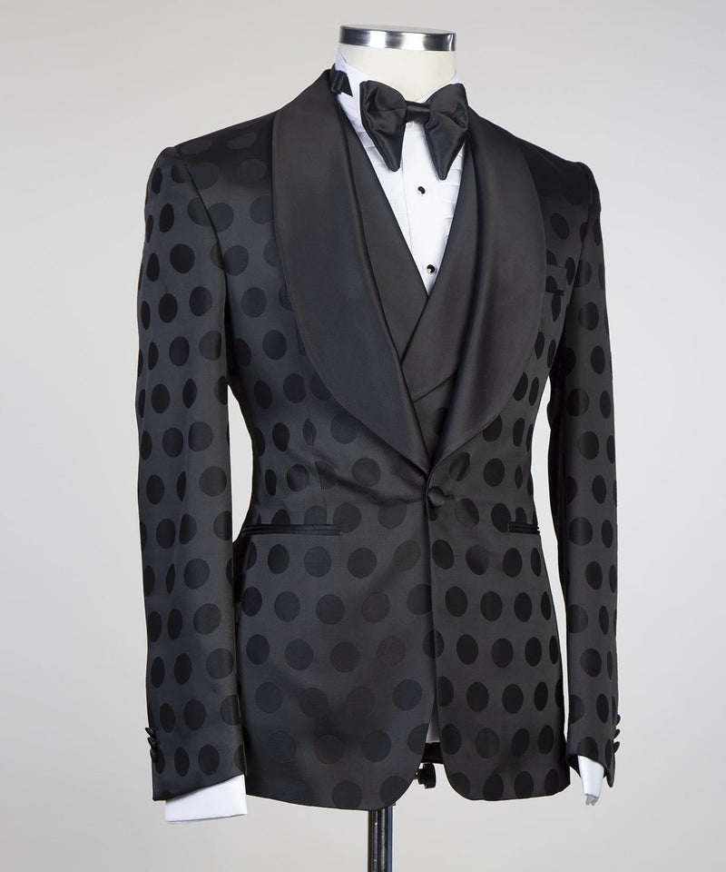 Fashion Slim-Fit Black Pattern Shawl Lapel Three-Piece Men's Suits