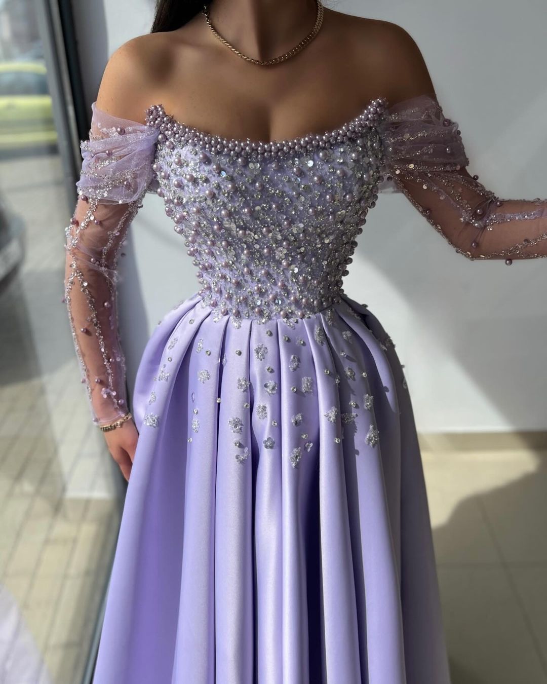 Elegant Off-The-Shoulder Lilac Beading Embroidery Princess Long Prom Dress