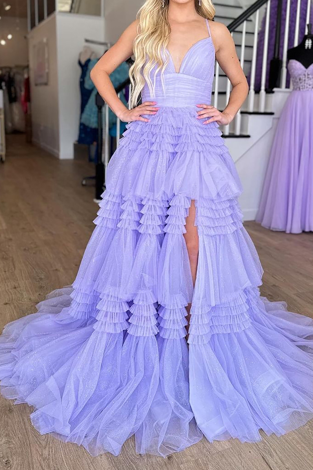 Elegant Lavender Long Prom Dress with Spaghetti Straps and A-Line Ruffles