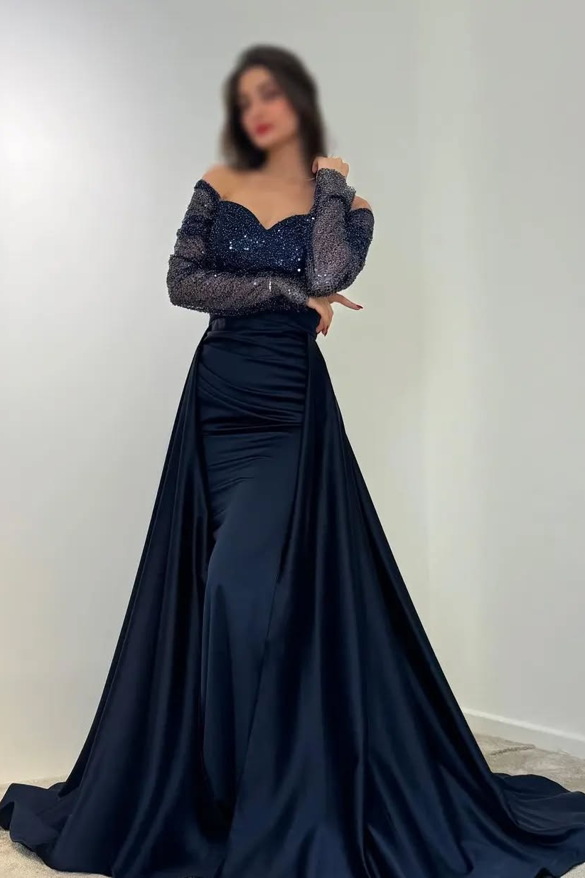 Off the Shoulder Long Sleeves Long Formal Dress With Sequins Pleated