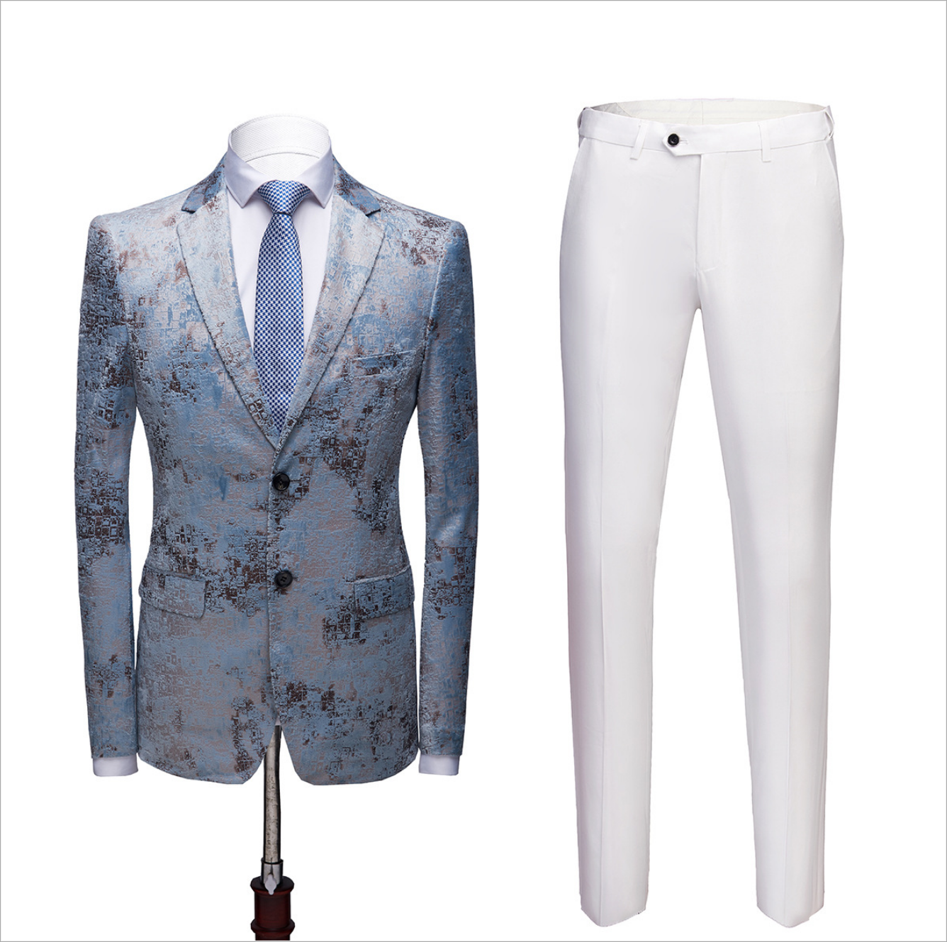 Popular Printing Blue Notched Lapel Wedding Suit for Men with White Pants