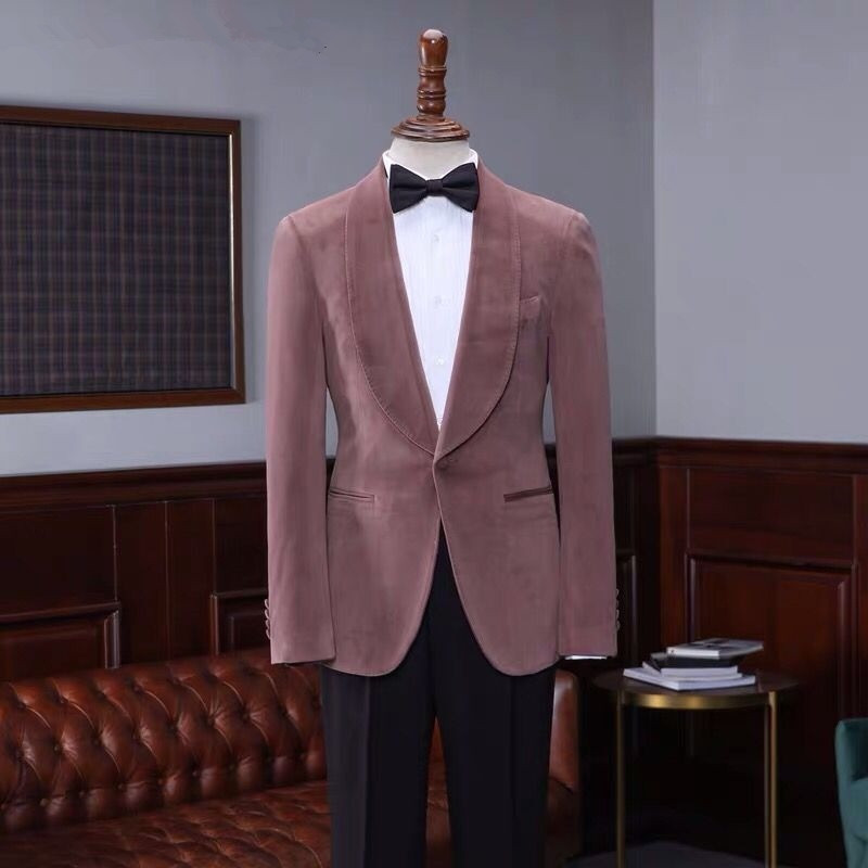 Classic Pink Velvet One-Button Shawl-Lapel Wedding Suit for Men