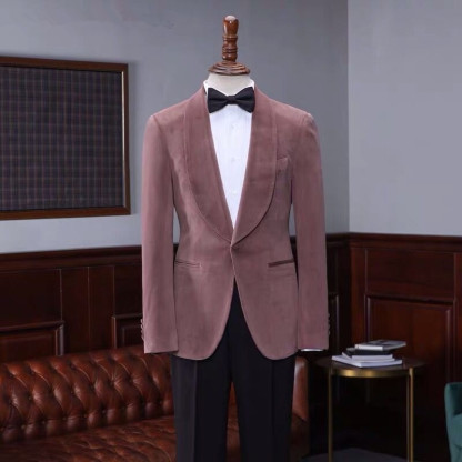 Classic Pink Velvet One-Button Shawl-Lapel Wedding Suit for Men
