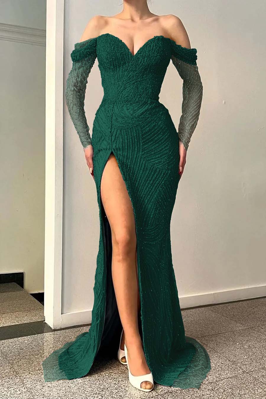 Blue Long Sleeves Off-The-Shoulder Sequins Evening Dress Sweetheart With Split Mermaid