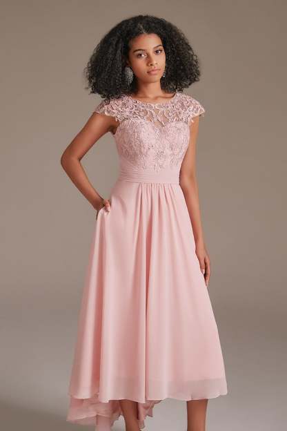 Pink Cap Sleeve Applique Bridesmaid Dress with Pockets