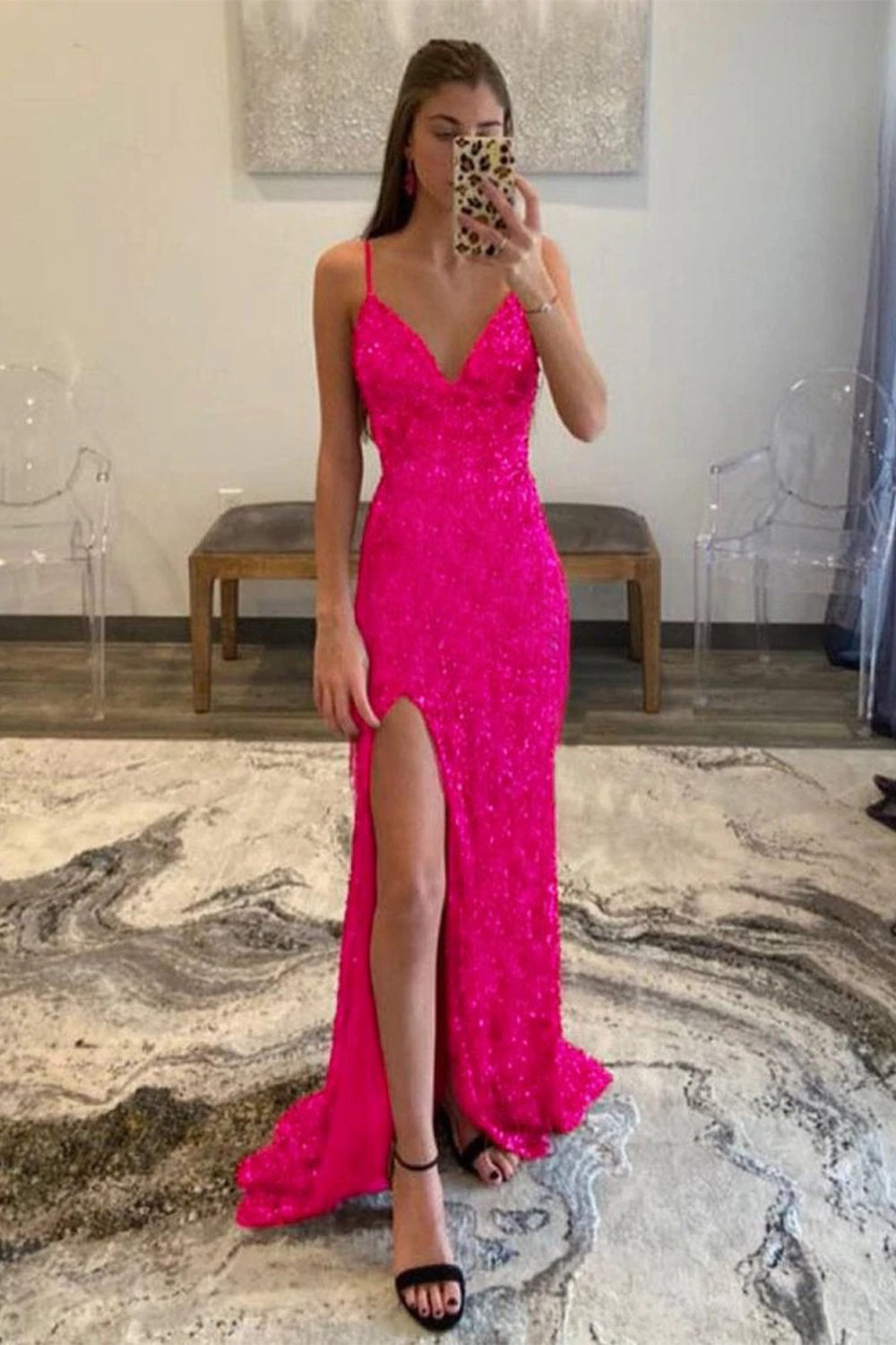 Prom Dress with Slit in Hot Pink Sequins and Glitter