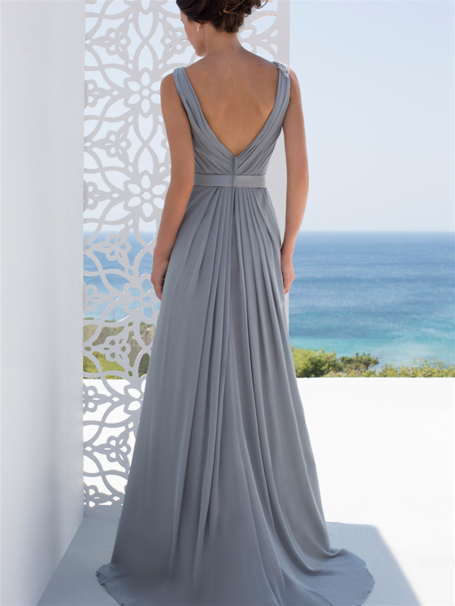 V-Neck Floor-Length A-Line Mother of the Bride Princess Dress