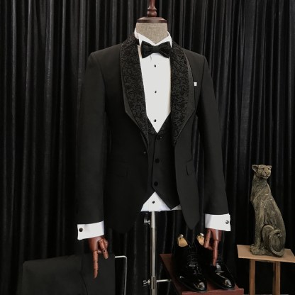 Stylish Slim-Fit Black Wedding Men's Suits with Special Jacquard Lapel