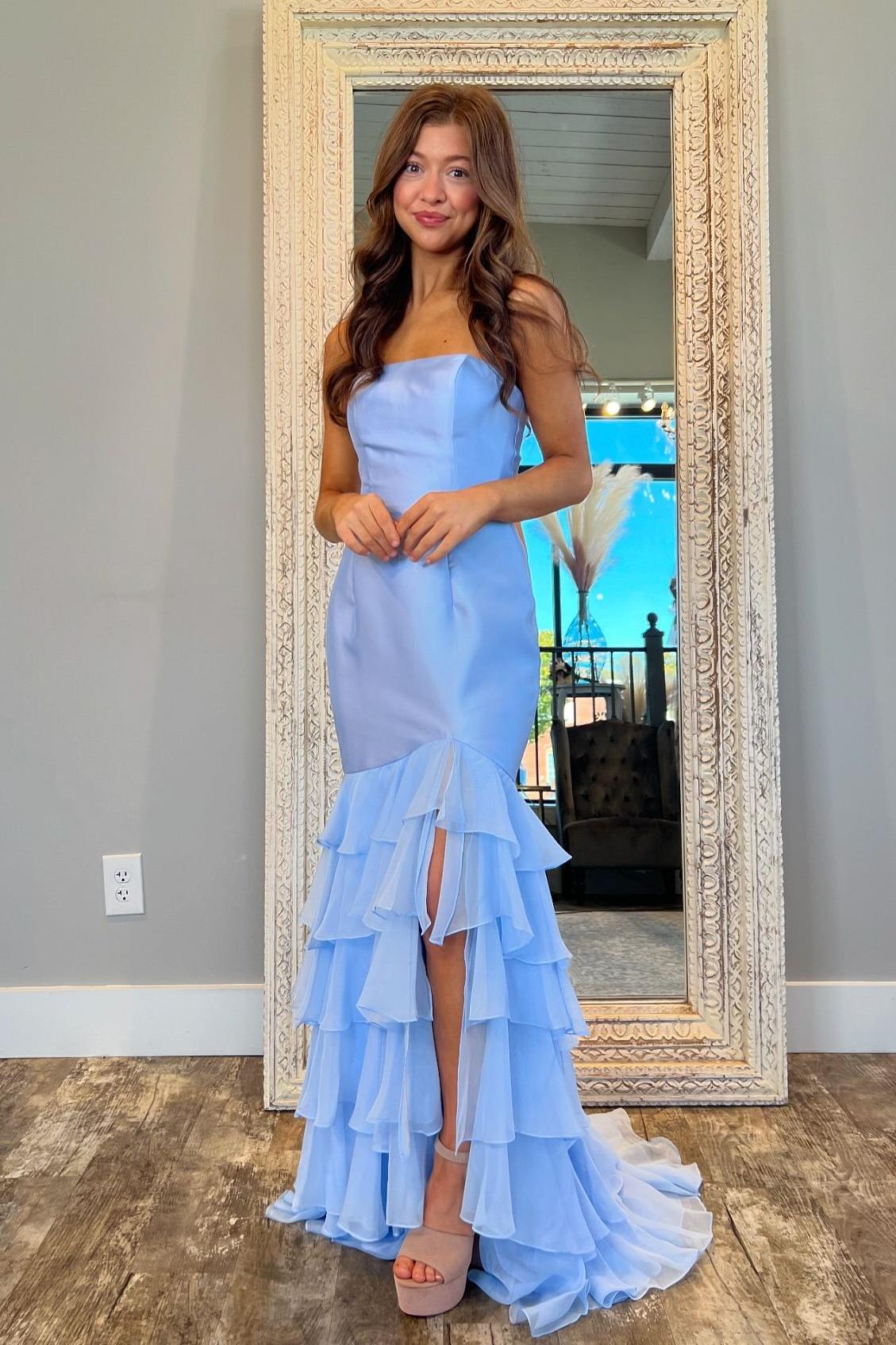 Strapless Sleeveless Mermaid Split Long Formal Dress With Ruffles