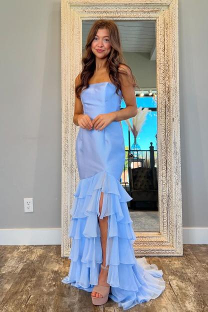 Strapless Sleeveless Mermaid Split Long Formal Dress With Ruffles