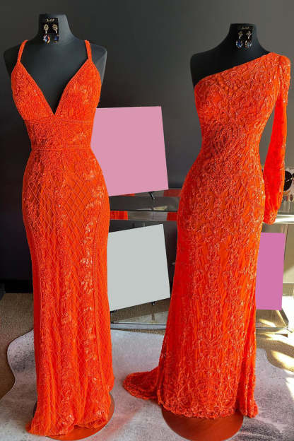 Orange Sequined Long-Sleeve Prom Dress with Mermaid One-Shoulder Design