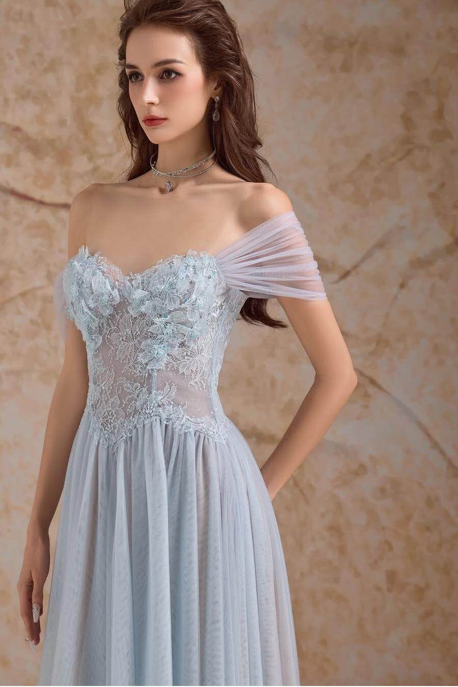 Tulle Off the Shoulder Sleeveless Long Formal Dress With Appliques