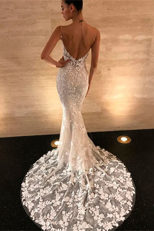 Spaghetti-Straps Long Backless Lace Appliques Mermaid Wedding Dress