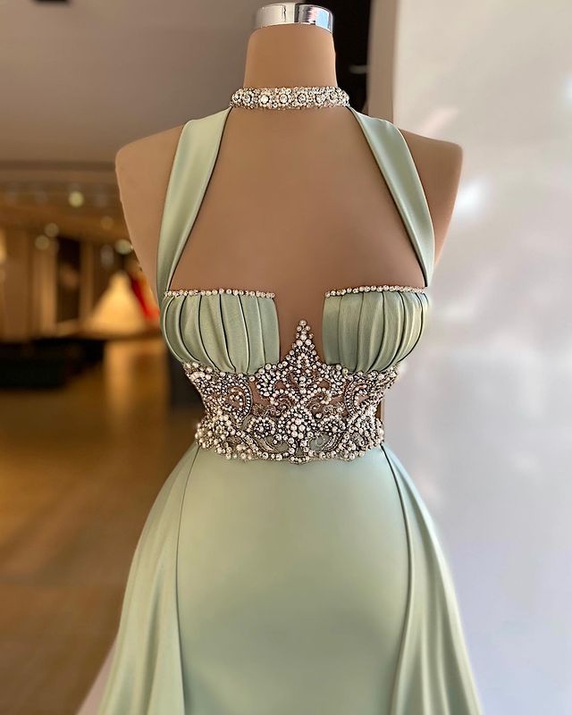 Elegant Straps Square Sage Green Mermaid Evening Dress With Beads
