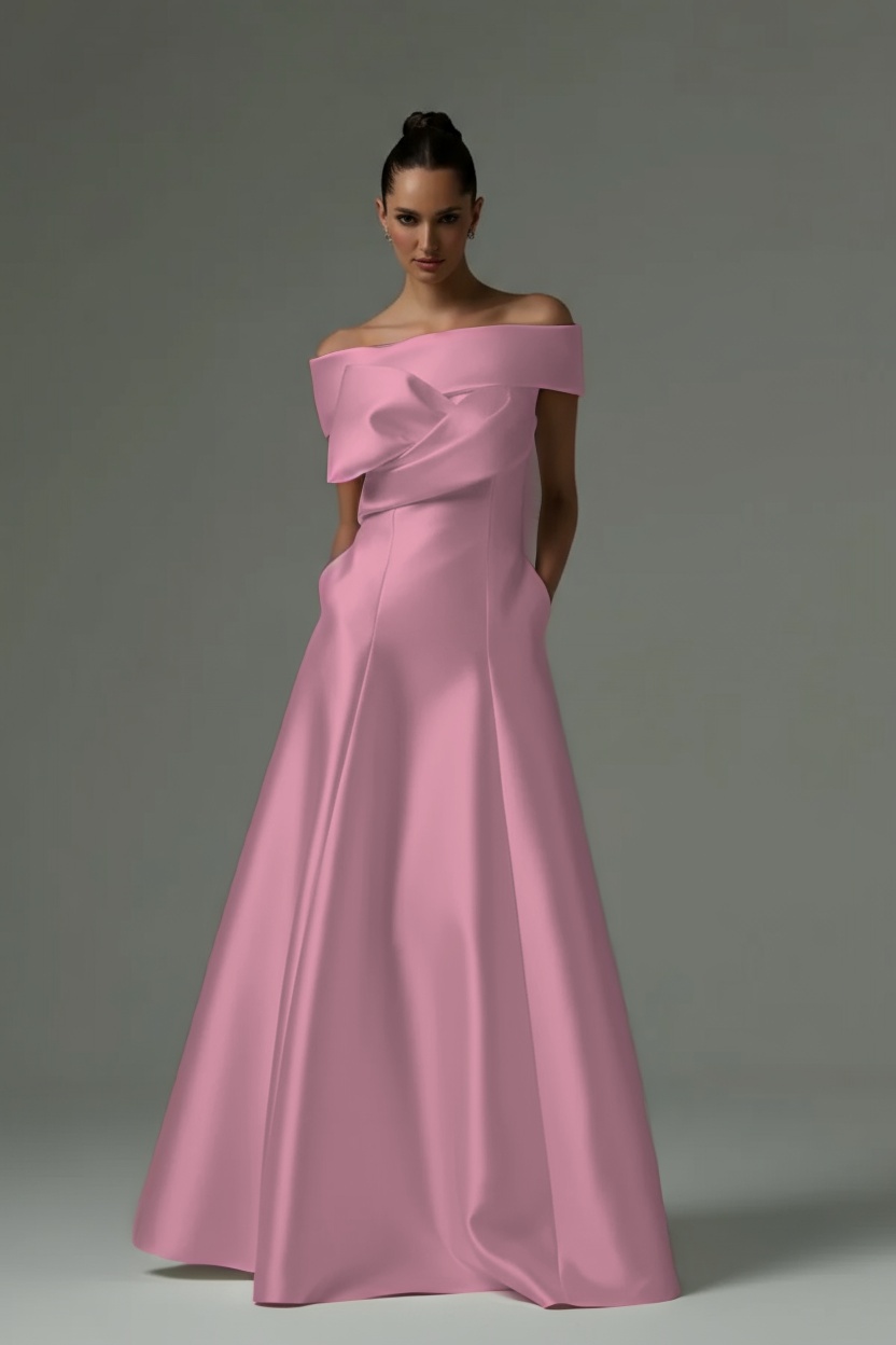 Off the Shoulder Sleeveless Long Formal Dress With Pleated Pocket