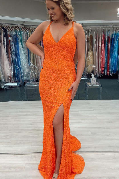 Backless Prom Dress with Orange Sequins and Slit