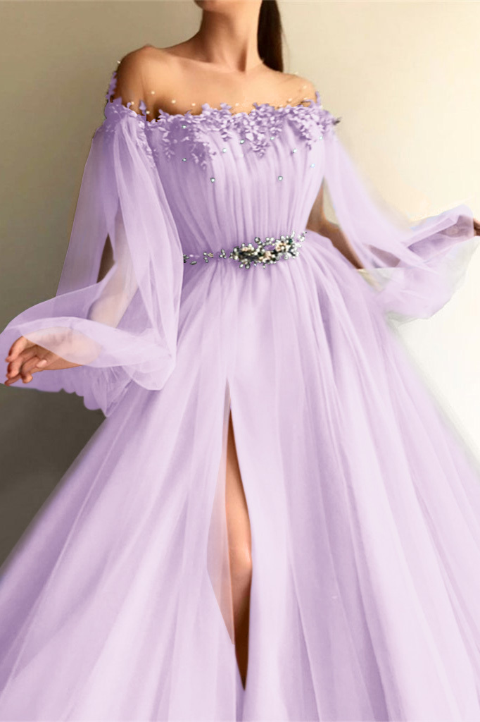 Long Sleeves Off-the-Shoulder Evening Dress With Beads