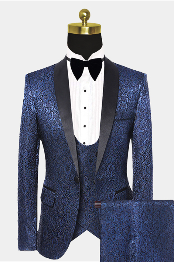 Fashion Dark Navy Damask Floral Summer Wedding Suit with Black Satin Lapel