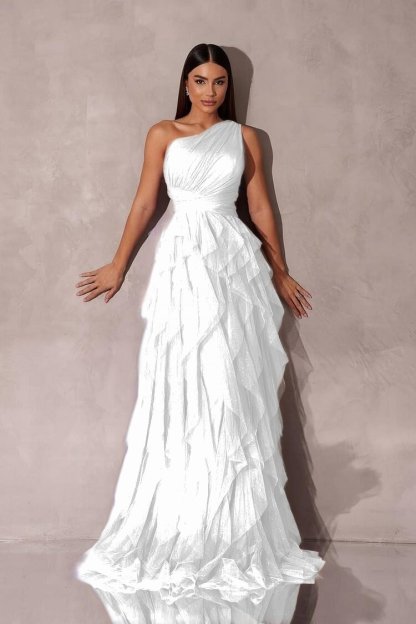 Chic One Shoulder Sleeveless Long Formal Dress With Tulle Ruffle