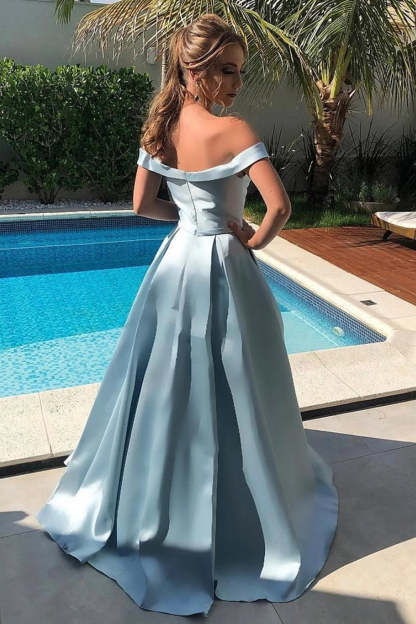 Long Blue Prom Dress with Off-the-Shoulder A-Line